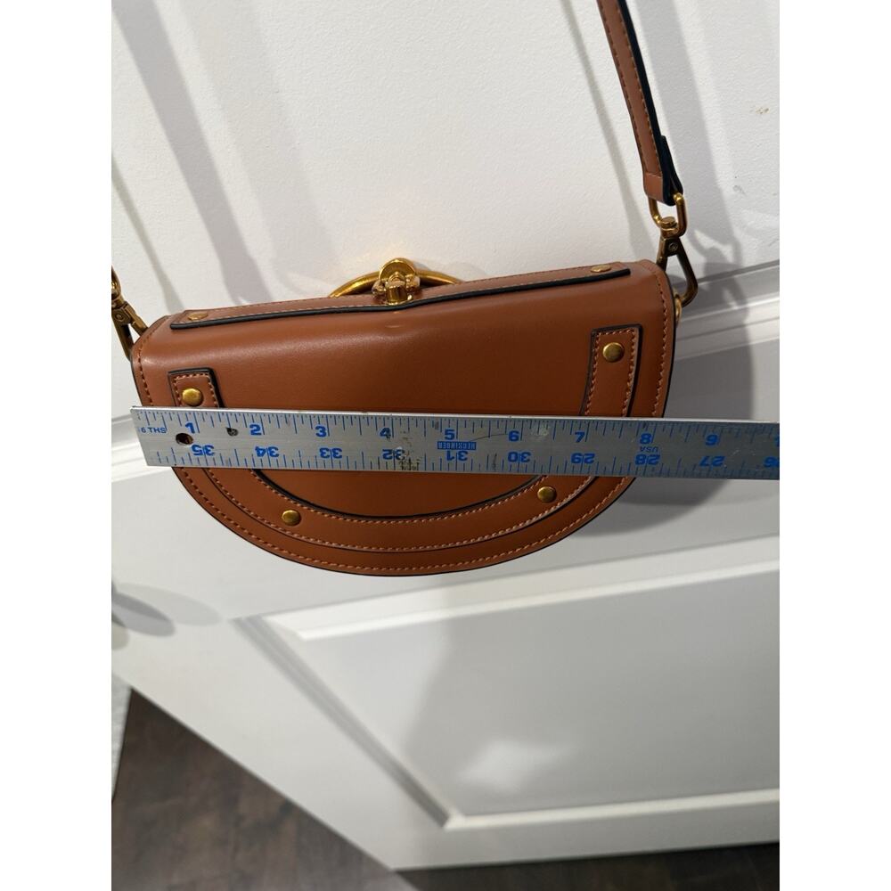 Brown Faux Leather Half Moon Crossbody Bag Gold Ring Handle Purse - Picture 8 of 8